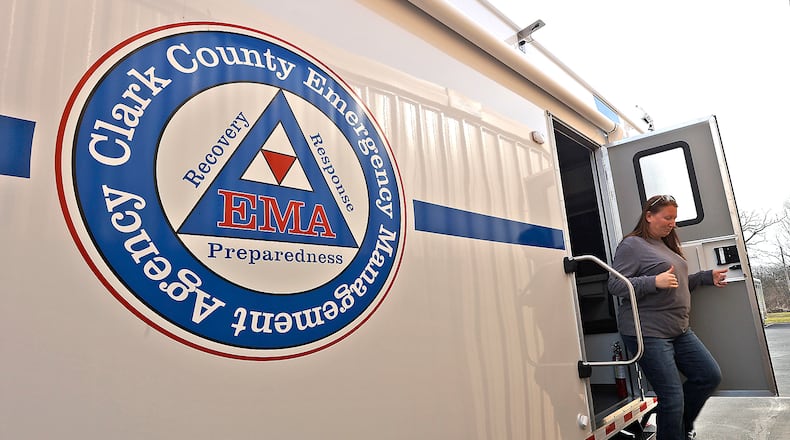 Michelle Clements-Pitstick, director of the Clark County EMA, leaves the county's new Command Center trailer Thursday, March 2, 2023. BILL LACKEY/STAFF
