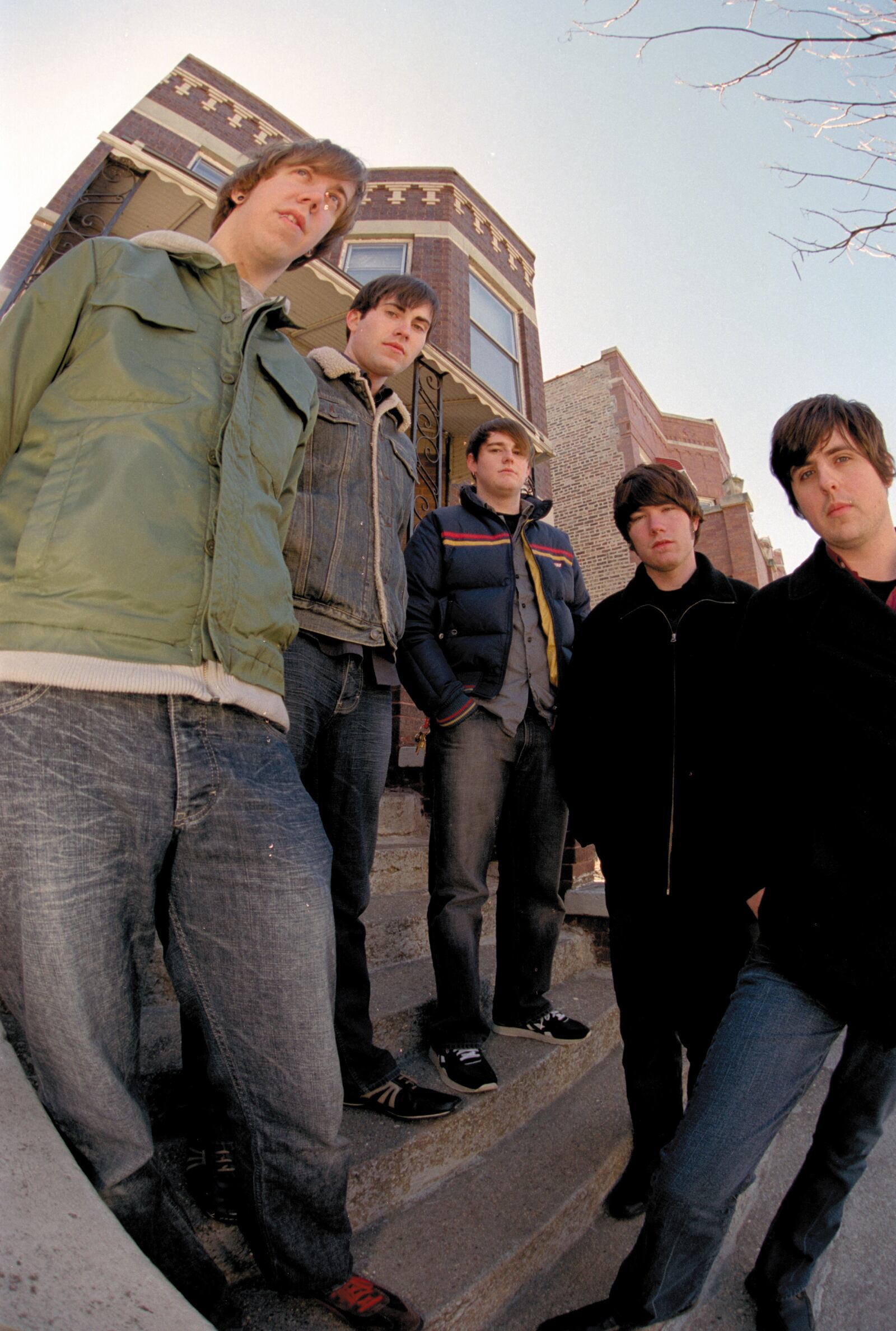 Hawthrone Heights band in a 2005 promotional photograph.  From left to right are Casey Calvert, Eron Bucciarelli, Matt Ridenour, JT Woodruff and Micah Carli.