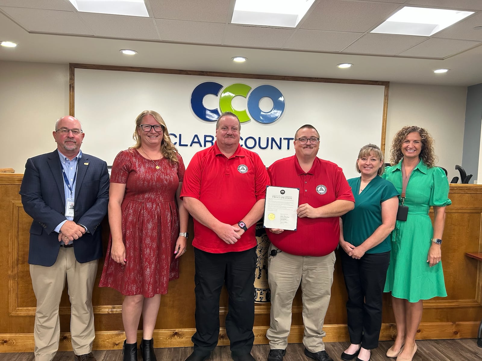 Clark County commissioners presented a proclamation at the Aug. 6 meeting for National Emergency Management Awareness Month. From left to right: Commissioner Charles Patterson, Clark County Emergency Management Agency (EMA) Director Michelle Clements-Pitstick, Emergency Management Specialists Daniel Carey and John Harper, Commissioner President Sasha Rittenhouse and Commissioner Melanie Flax Wilt. Contributed