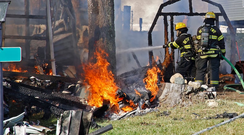 Two mobile homes were destroyed by a fire and five others were damaged Wednesday, Sept. 20, 2023, at the Honey Creek Mobile Home Park in Pike Township. Fire crews from six surrounding departments responded to the blaze. They arrived to find one mobile home fully involved and another partially involved. There were no injuries reported from the fire. BILL LACKEY/STAFF