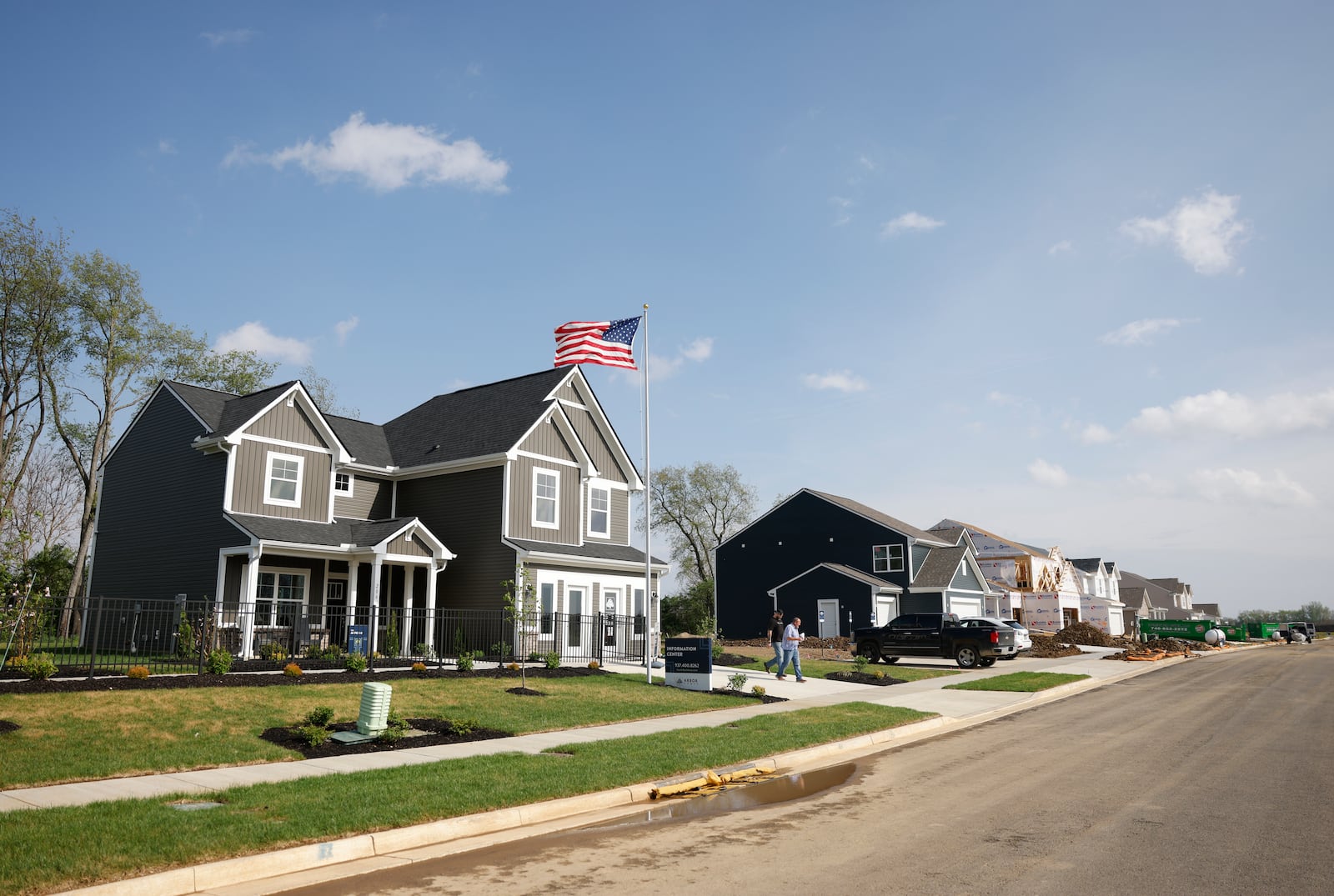 Men explore new houses on Tuesday, April 29, 2025, in the Arbor Homes neighborhood of Melody Parks. JOSEPH COOKE/STAFF