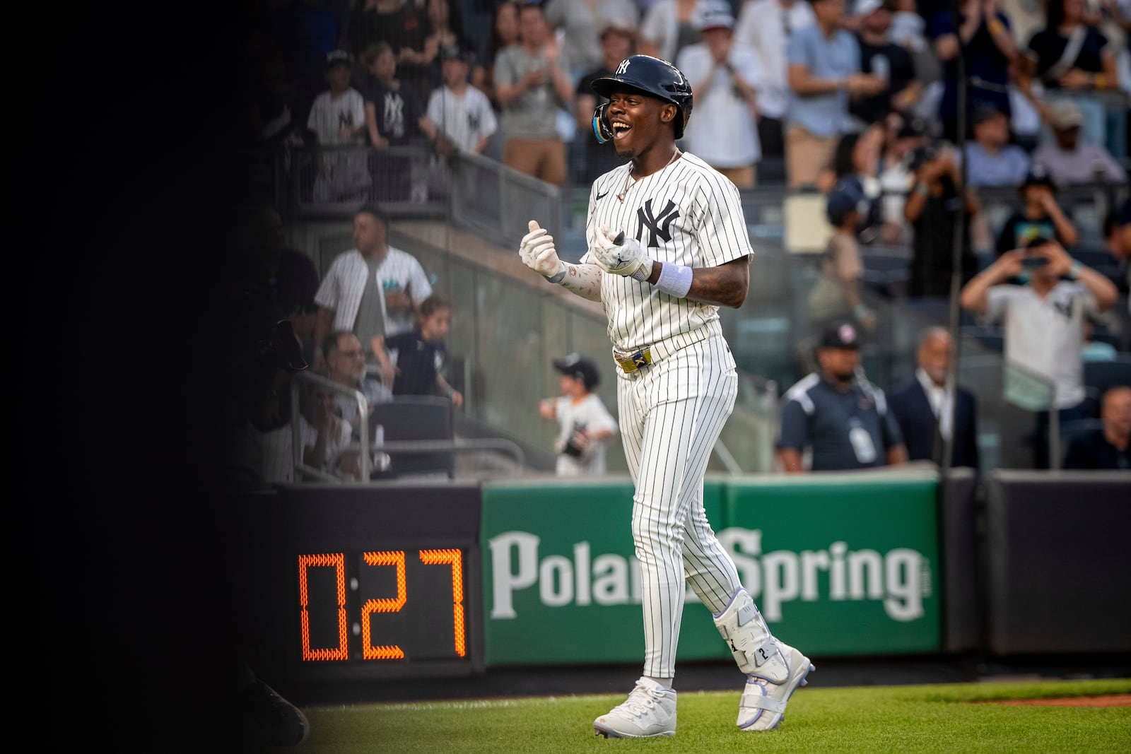 New York Yankees' Jazz Chisholm Jr. (13) celebrates a home run during the second inning of a baseball game against the Los Angeles Angels, Wednesday, June 18, 2025, in New York. (AP Photo/Angelina Katsanis)