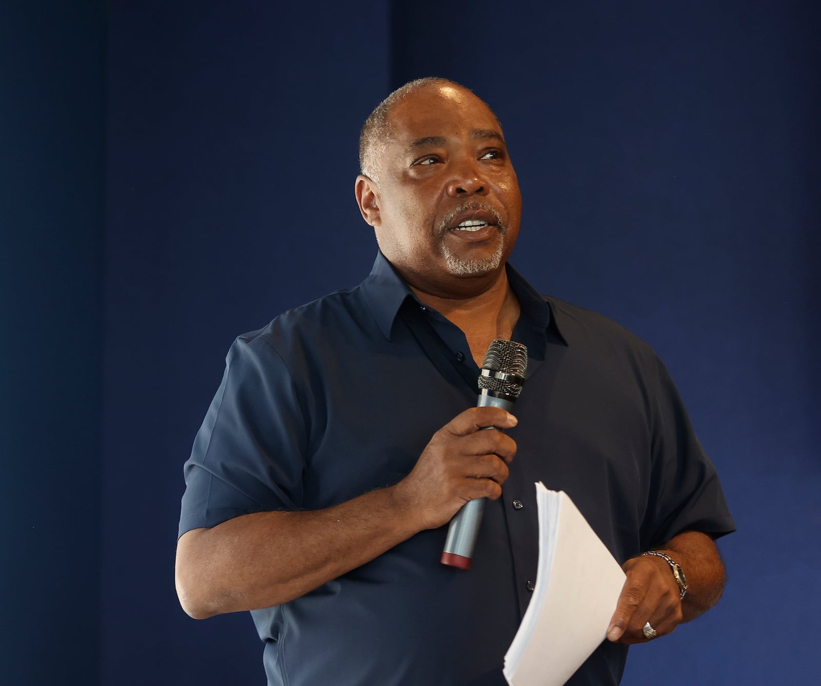 Kevin Frazier speaks during a public information meeting held on Tuesday, July 1, 2025, in the Exchange Room at Myers Market, for the community to learn and give their opinions on the new public transportation system. JOSEPH COOKE/STAFF