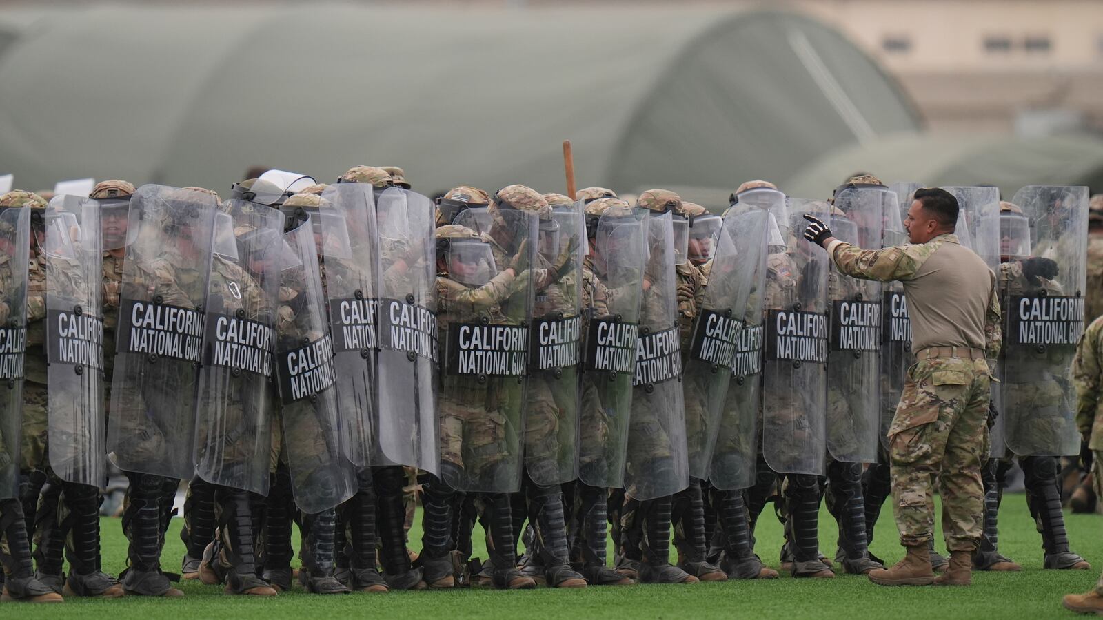Members of the California National Guard conduct exercises after being deployed to the Los Angeles protests Wednesday, June 11, 2025, in Los Alamitos, Calif. (AP Photo/Jae C. Hong)