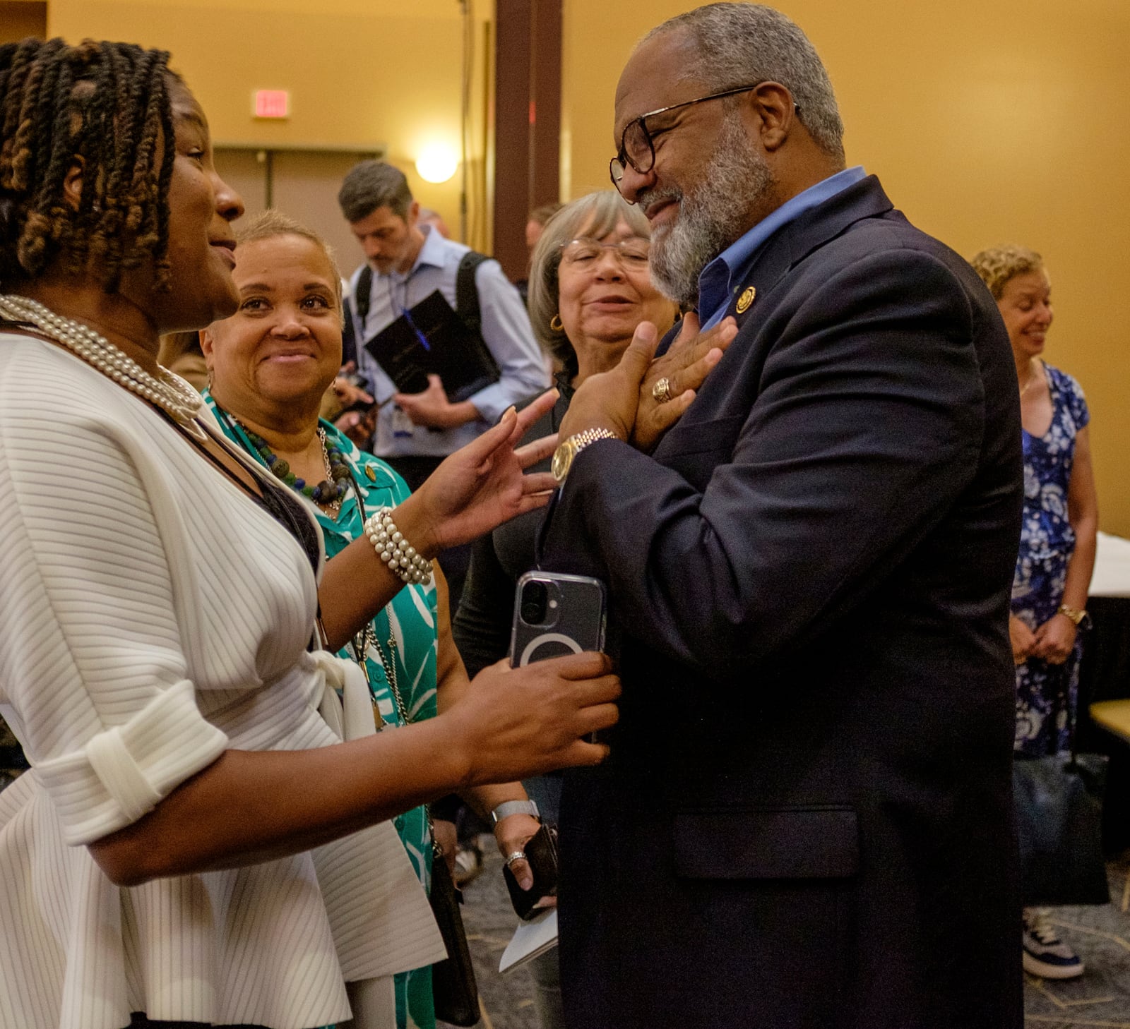 U.S. Rep. Troy Carter, D-La., greets constituents at Xavier University in New Orleans, Thursday, July 10, 2025. (John McCusker/The Times-Picayune/The New Orleans Advocate via AP)