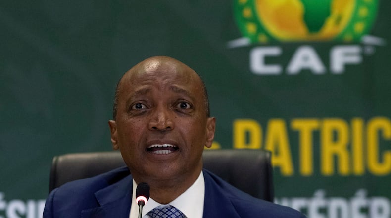 FILE - Confederation of African Football (CAF) President Patrice Motsepe speaks during a news conference in Johannesburg, South Africa, March 16, 2021. (AP Photo/Themba Hadebe, File)