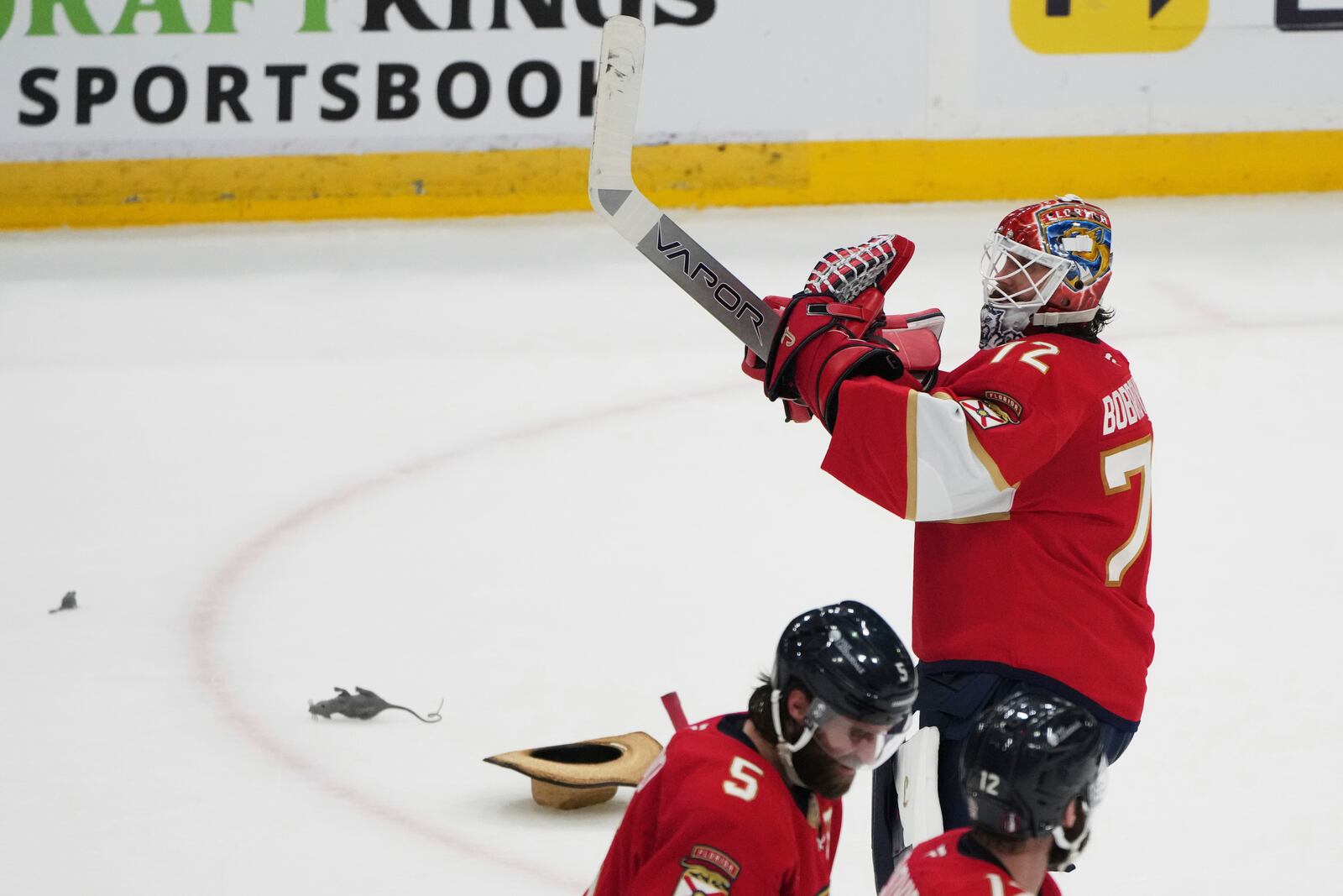 Florida Panthers goaltender Sergei Bobrovsky (72) acknowledges the crowd after the Panthers defeated the Carolina Hurricanes in Game 3 of the NHL hockey Stanley Cup Eastern Conference finals Saturday, May 24, 2025, in Sunrise, Fla. (AP Photo/Lynne Sladky)
