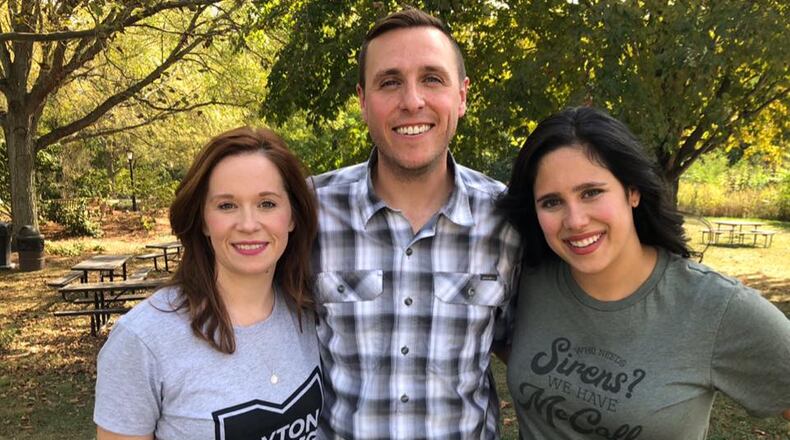 WHIO's "Cloudy with a Chance of Podcast" hosts McCall Vrydaghs and Kirstie Zontini with Tyler Stevenson from Ohio Department of Natural Resources.