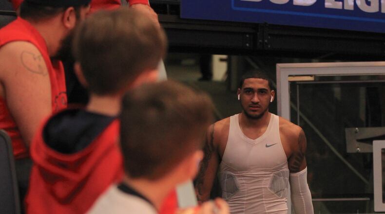 Dayton forward Obi Toppin takes the court for pregame warmups before a game against Virginia Commonwealth on Tuesday, Jan. 14, 2020, at UD Arena.