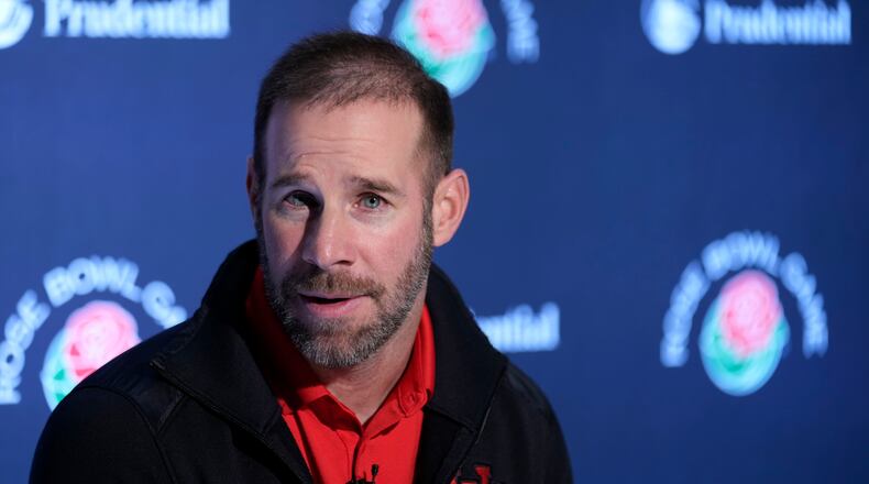 FILE - Utah defensive coordinator Morgan Scalley fields questions during a news conference ahead of the Rose Bowl NCAA college football game against Penn State Dec. 29, 2022, in Los Angeles. (AP Photo/Marcio Jose Sanchez, File)