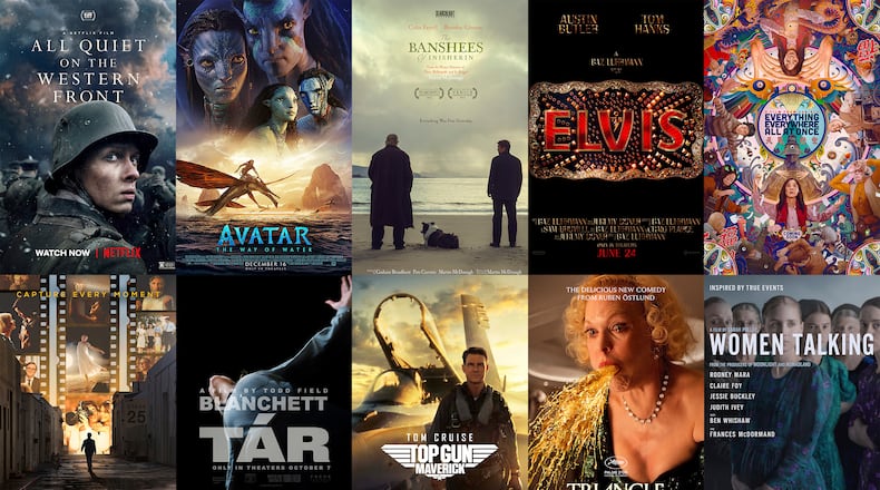 This combination of photos shows promotional art for Oscar nominees for best feature, top row from left, "All Quiet on the Western Front," "Avatar: The Way of Water," "The Banshees of Inisherin," "Elvis," "Everything Everywhere All at Once," bottom row from left, "The Fabelmans," "Tár," "Top Gun: Maverick," "Triangle of Sadness," and "Women Talking." (Netflix/Disney/Searchlight/Warner Bros./A24/Universal/Focus/Paramount/Neon/Orion-United Artists via AP)