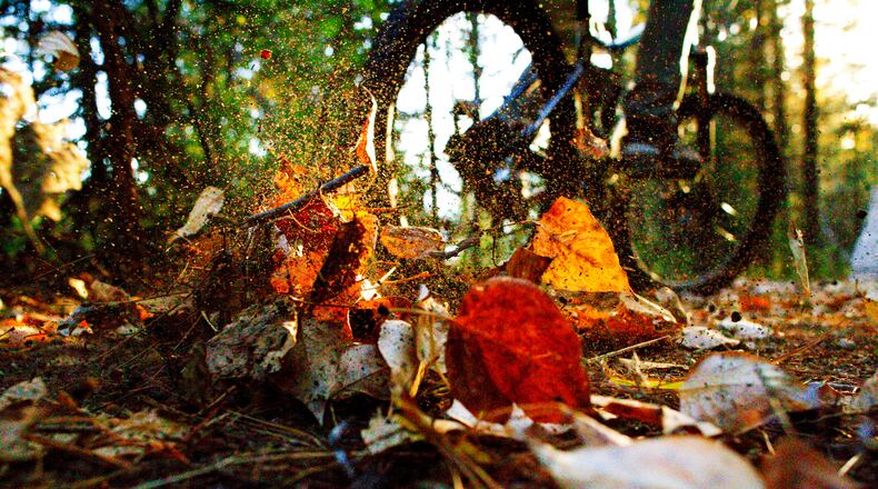 A mountain bike rider goes through a pile of leaves on a trail in the fall. iSTOCK/COX
