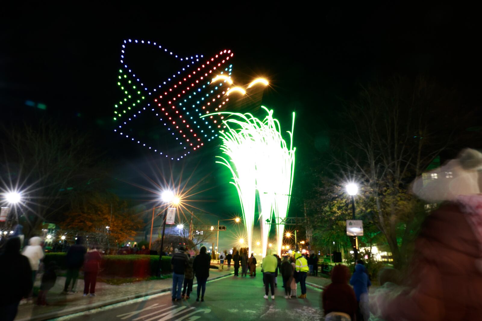 Fireworks returned to Holiday in the City in downtown Springfield Friday, Nov. 29, 2024. This year they were accompanied by a drone display.  BILL LACKEY