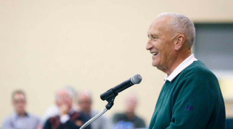 Gerry Faust tells stories about his life as a football coach during the Second Annual Badin Sports Stag Thursday, Feb. 12, 2009 at the Pfirman Family Athletic Center in Hamilton, Ohio.