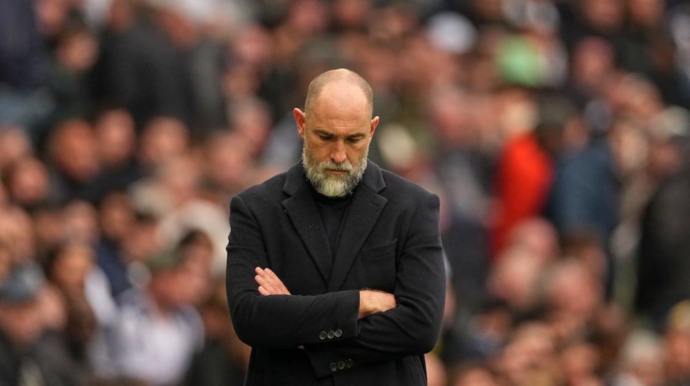 Tottenham's coach Igor Tudor reacts during the English Premier League soccer match between Tottenham Hotspur and Nottingham Forest in London, Sunday, March 22, 2026. (AP Photo/Dave Shopland)