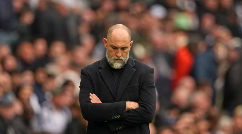 Tottenham's coach Igor Tudor reacts during the English Premier League soccer match between Tottenham Hotspur and Nottingham Forest in London, Sunday, March 22, 2026. (AP Photo/Dave Shopland)