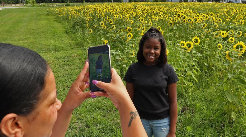 Janae Watkins takes Aaliyah Moss's picture in front of the sunflower field Friday. BILL LACKEY/STAFF