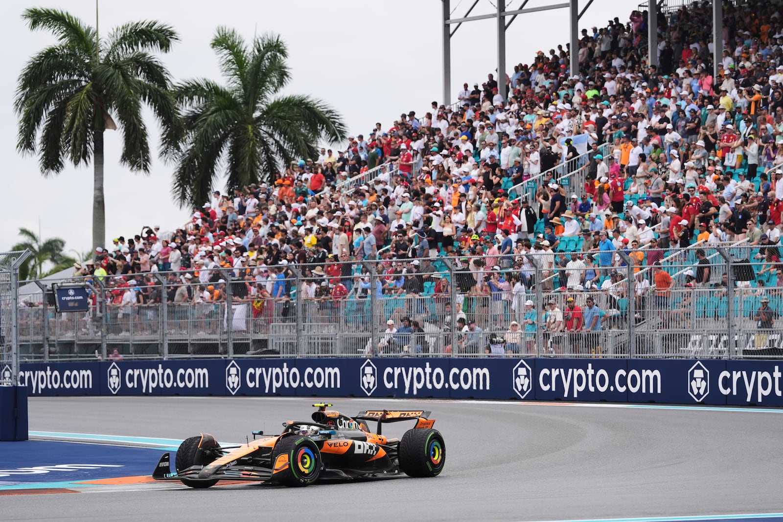 McLaren driver Lando Norris of Britain steers his car during the Sprint race at the Formula One Miami Grand Prix auto race, Saturday, May 3, 2025, in Miami Gardens, Fla. (AP Photo/Rebecca Blackwell)