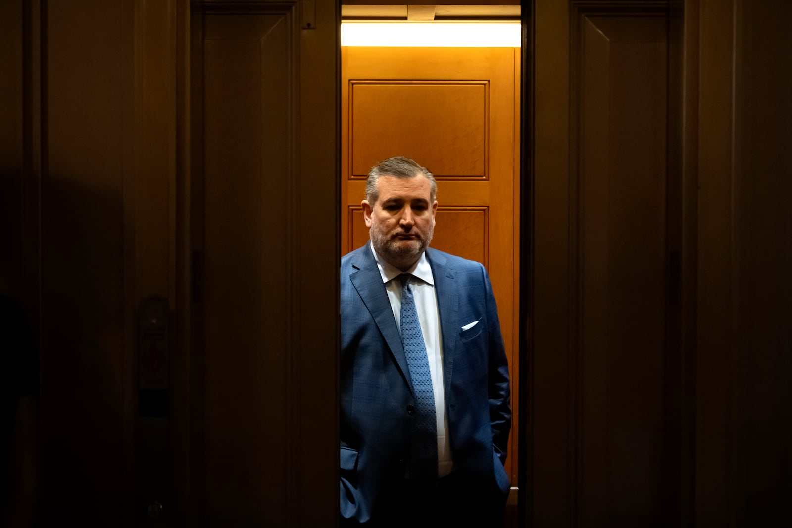 Sen. Ted Cruz, R-Texas, stands in an elevator as Republicans begin a final push to advance President Donald Trump's tax breaks and spending cuts package, at the Capitol in Washington, Monday, June 30, 2025. (AP Photo/Mark Schiefelbein)