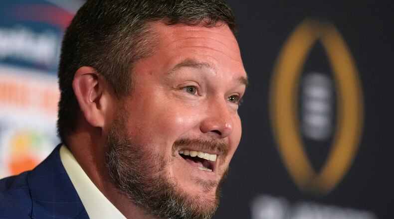 Oregon head coach Dan Lanning speaks at a press conference ahead of an Orange Bowl College Football Playoff quarterfinal game against Texas Tech, Wednesday, Dec. 31, 2025, in Dania Beach, Fla. (AP Photo/Rebecca Blackwell)