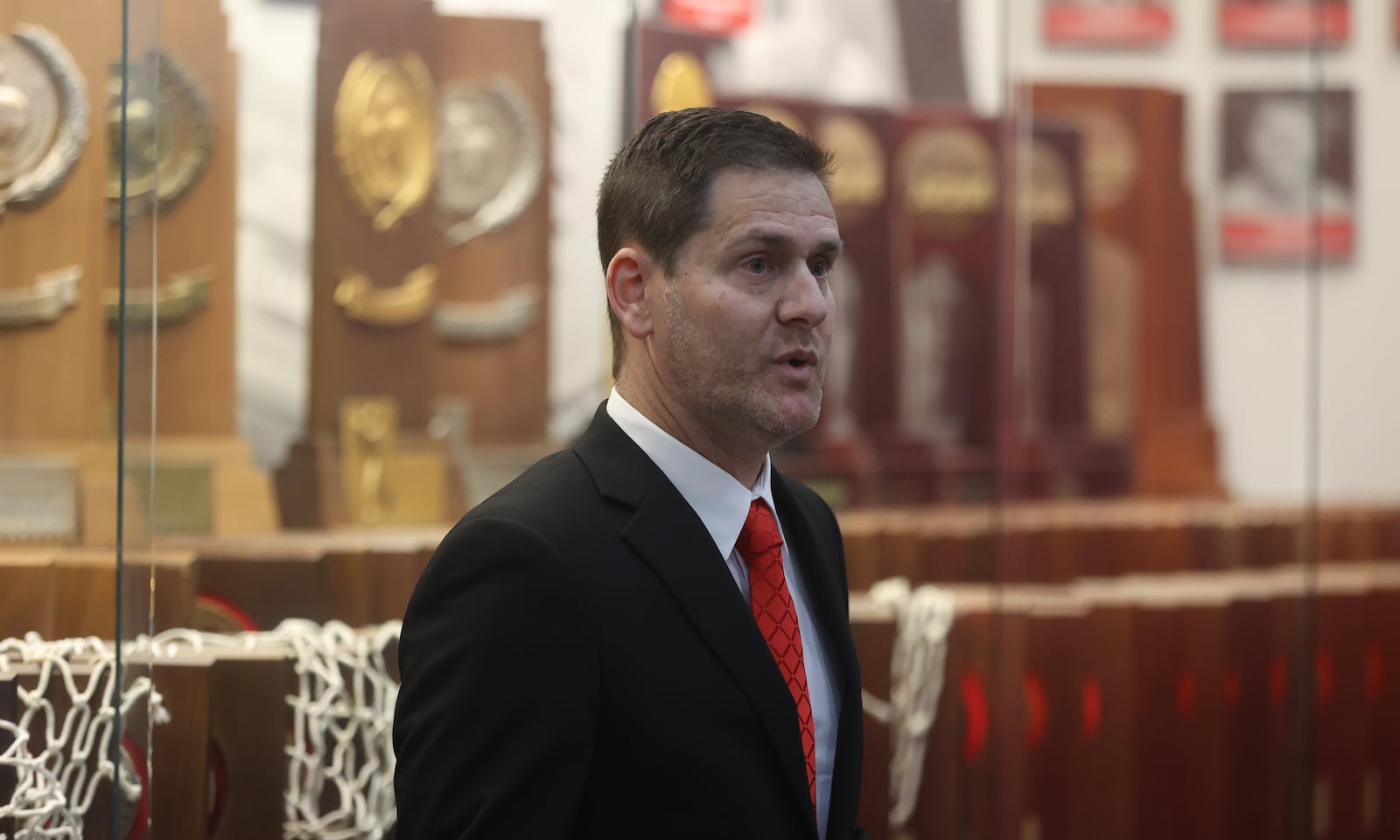 Darren Hertz speaks at a press conference where he was introduced as Wittenberg men's basketball coach on Tuesday, Sept. 3, 2024, in Springfield. David Jablonski/Staff
