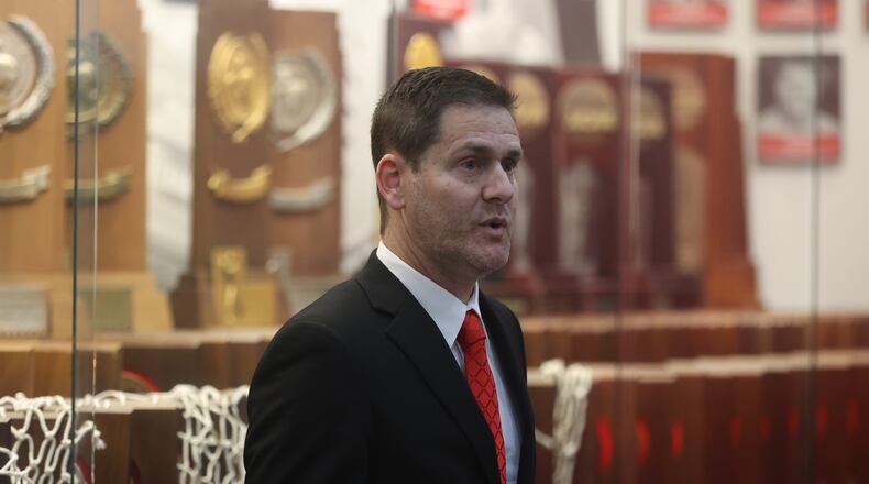 Darren Hertz speaks at a press conference where he was introduced as Wittenberg men's basketball coach on Tuesday, Sept. 3, 2024, in Springfield. David Jablonski/Staff