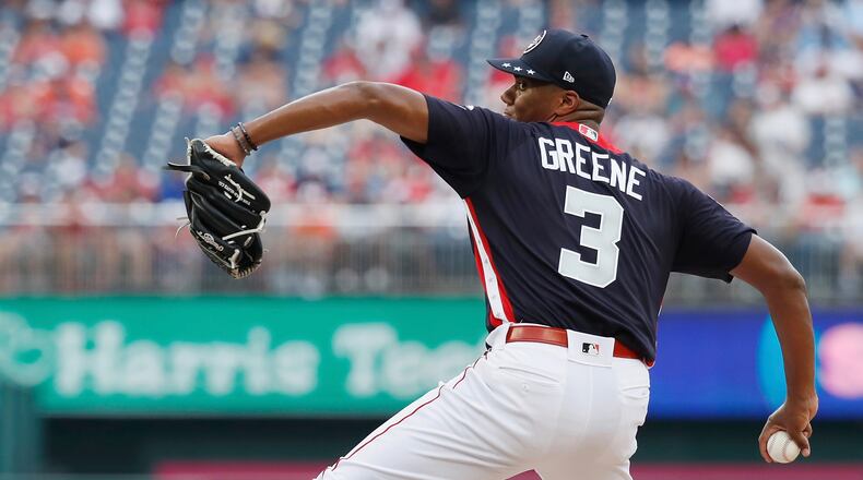 WASHINGTON, DC - JULY 15: Hunter Greene #3 of the Cincinnati Reds and the U.S. Team pitches in the fourth inning World Team during the SiriusXM All-Star Futures Game at Nationals Park on July 15, 2018 in Washington, DC.  (Photo by Patrick McDermott/Getty Images)