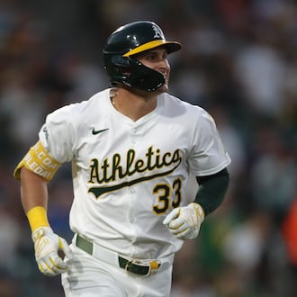 Athletics' JJ Bleday jogs to first base after hitting a solo home run against the Houston Astros during the fifth inning of a baseball game Monday, June 16, 2025, in West Sacramento, Calif. (AP Photo/Scott Marshall)