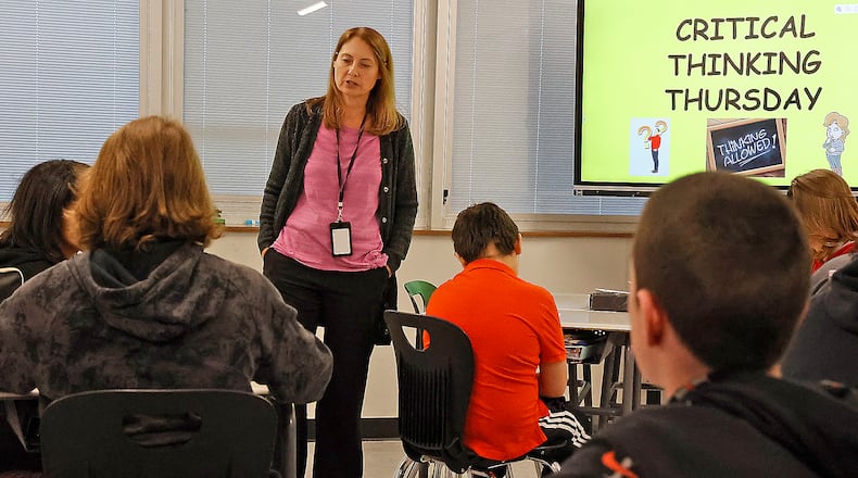 Joanne Gilley teaching a middle school class at Clark-Shawnee Middle School. FILE/BILL LACKEY/STAFF