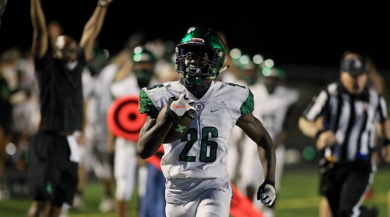 Northmon's Malachi Staffney against Springboro on Friday, Aug. 28, 2020, at CareFlight Field in Springboro. David Jablonski/Staff