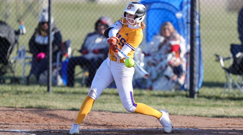 Mechanicsburg High School junior Addie DeLong hits a ball during their scrimmage game earlier this season at Shawnee High School. The Florida State University commit is leading the Ohio Heritage Conference with a .682 batting average. CONTRIBUTED PHOTO BY MICHAEL COOPER