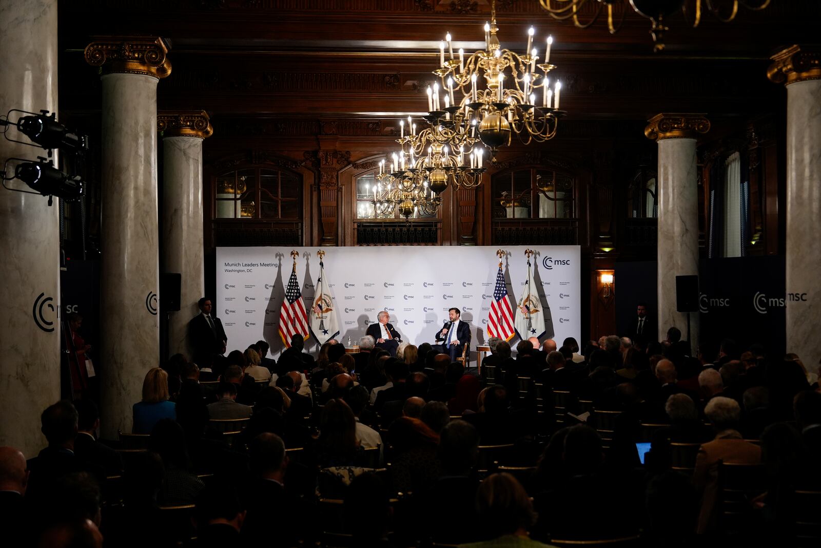 Vice President JD Vance, right, speaks with Wolfgang Ischinger, left, at the Munich Leaders Meeting, Wednesday, May 7, 2025, in Washington. (AP Photo/Julia Demaree Nikhinson)