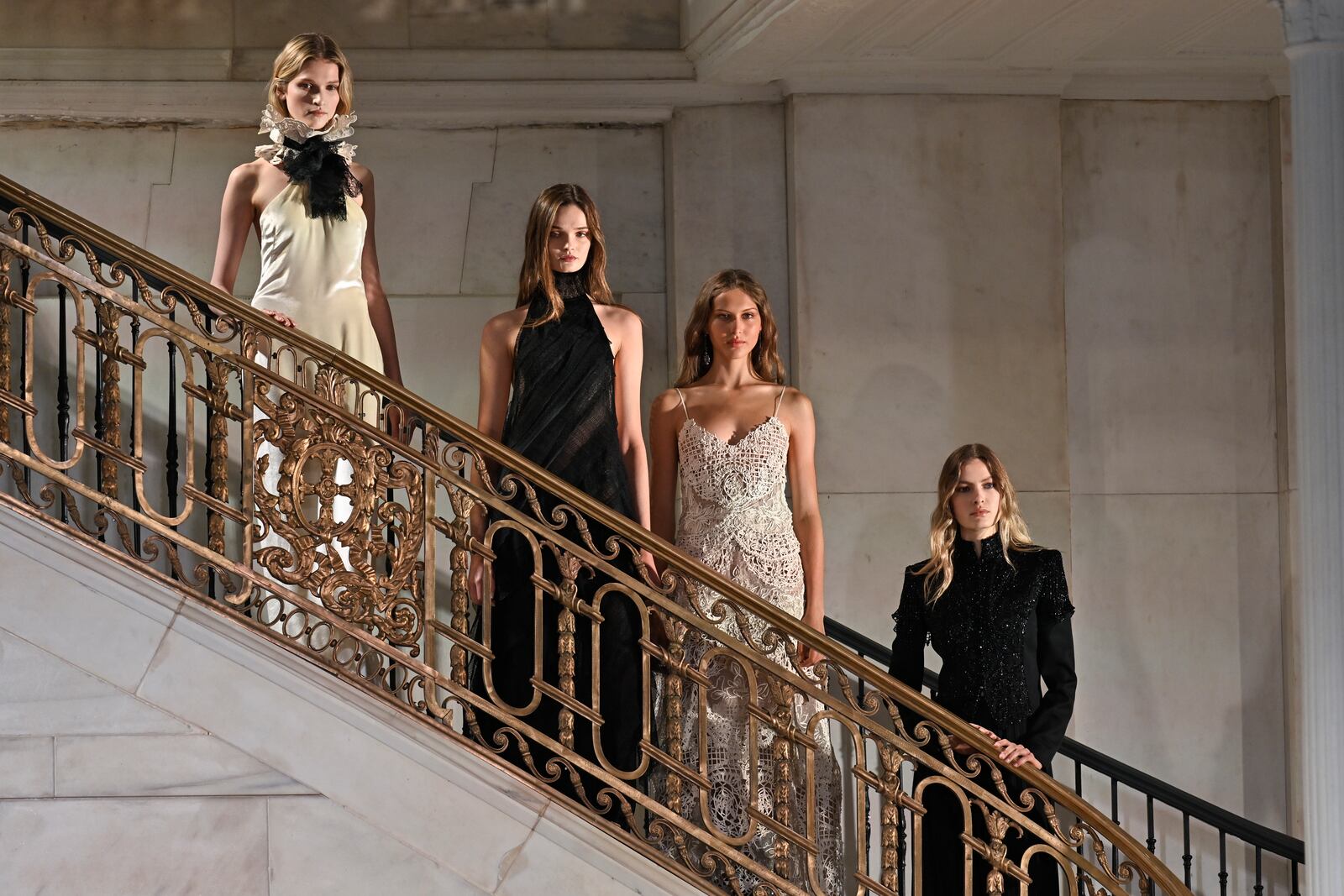 Models pose at the Ralph Lauren Fall 2025 presentation on Thursday, April 17, 2025, in New York. (Photo by Evan Agostini/Invision/AP)