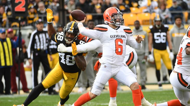 Baker Mayfield #6 of the Cleveland Browns drops back to pass during the first quarter in the game against the Pittsburgh Steelers at Heinz Field on October 28, 2018 in Pittsburgh, Pennsylvania. (Photo by Justin Berl/Getty Images)