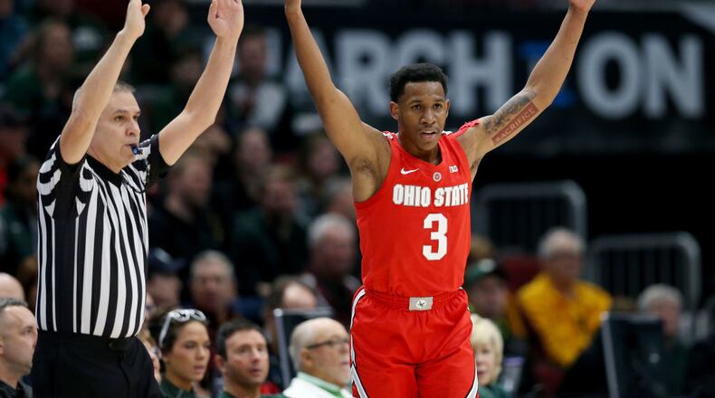 CHICAGO, ILLINOIS - MARCH 15: C.J. Jackson #3 of the Ohio State Buckeyes reacts in the first half against the Michigan State Spartans during the quarterfinals of the Big Ten Basketball Tournament at the United Center on March 15, 2019 in Chicago, Illinois. (Photo by Dylan Buell/Getty Images)