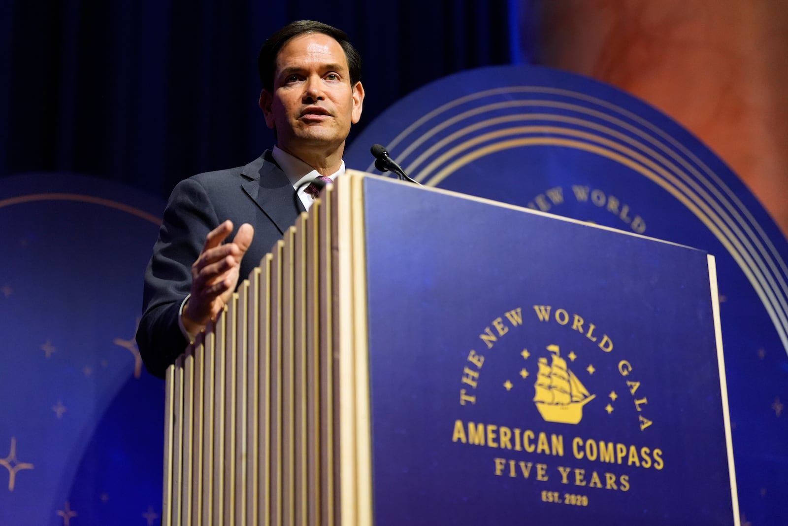 Secretary of State Marco Rubio speaks at the American Compass's The New World Gala in Washington, Tuesday, June 3, 2025. (AP Photo/Mark Schiefelbein)