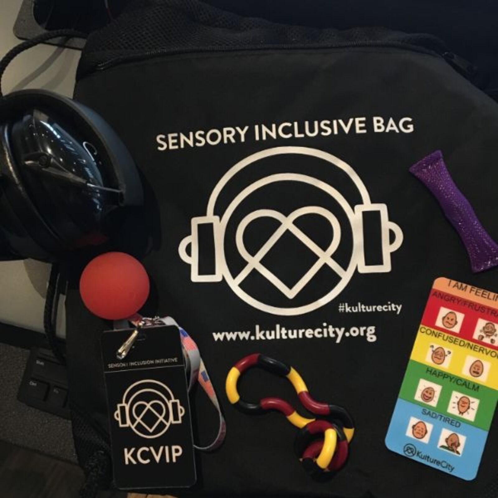 Sensory bags provided to guests by the National Veterans Memorial and Museum, in partnership with KultureCity, include fidget toys, a feelings card and noise-canceling headphones. CONTRIBUTED