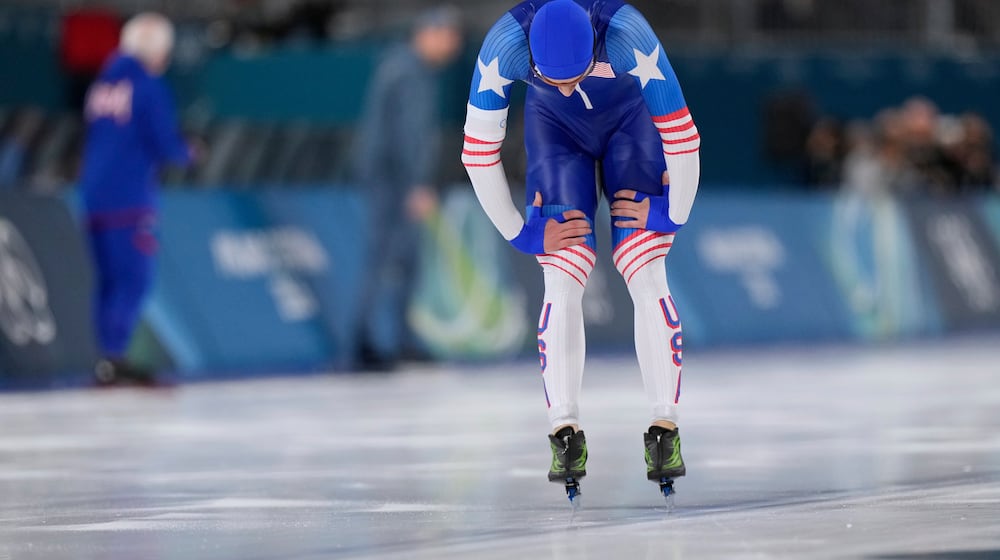 Jordan Stolz of the U.S. took a silver medal in the men's 1500 meters speedskating race at the 2026 Winter Olympics, in Milan, Italy, Thursday, Feb. 19, 2026. (AP Photo/Luca Bruno)