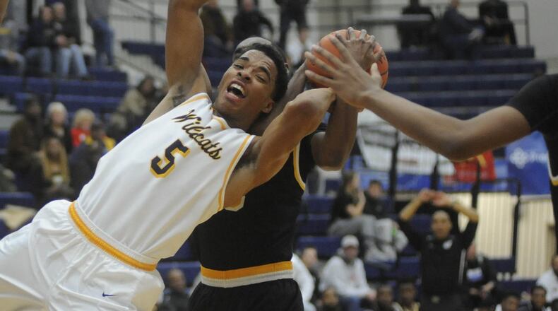 Springfield’s RaHeim Moss. Springfield defeated Cleveland Heights 73-67 in OT in the 16th annual Premier Health Flyin’ to the Hoop at Trent Arena in Kettering on Sun., Jan. 14, 2018. MARC PENDLETON / STAFF