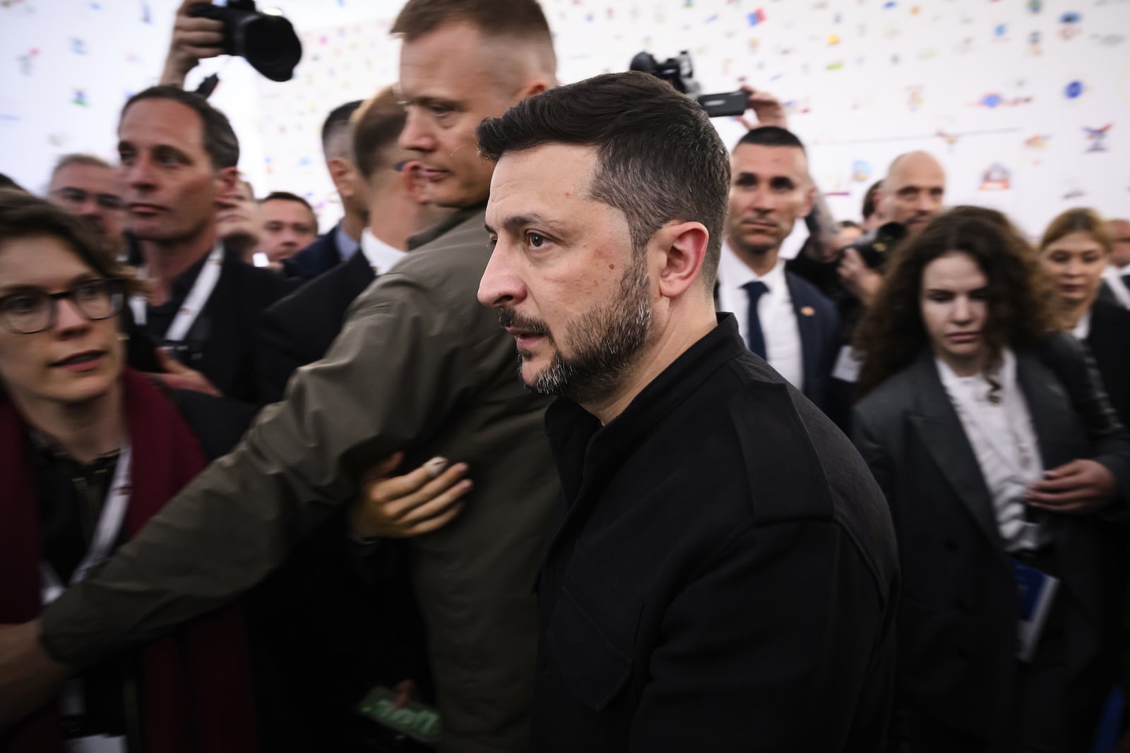 Ukraine's President Volodymyr Zelenskyy attends the 6th European Political Community summit Friday May 16, 2025 in Tirana, Albania. (Leon Neal/Pool via AP)