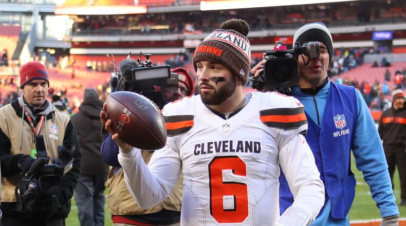 CLEVELAND, OH - DECEMBER 09: Baker Mayfield #6 of the Cleveland Browns walks off the field after a 26-20 win over the Carolina Panthers at FirstEnergy Stadium on December 9, 2018 in Cleveland, Ohio. (Photo by Gregory Shamus/Getty Images)