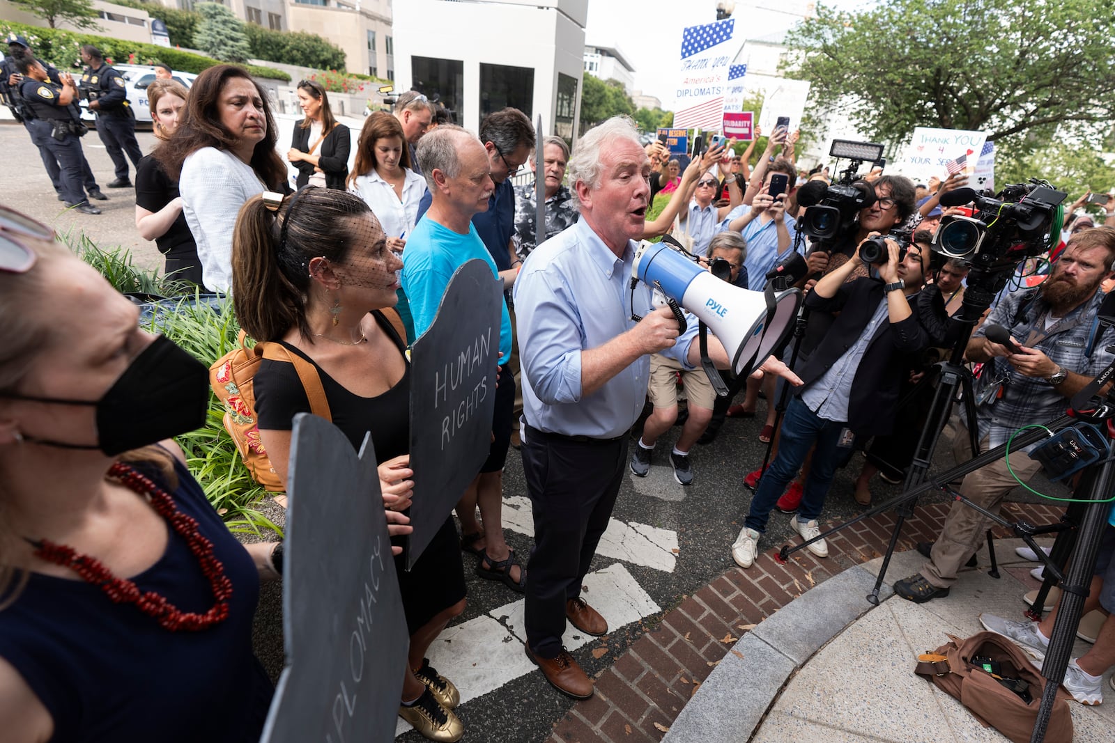 Sen. Chris Van Hollen, D-Md., speaks during a rally outside the headquarters of the State Department, in Washington, Friday, July 11, 2025. (AP Photo/Manuel Balce Ceneta)