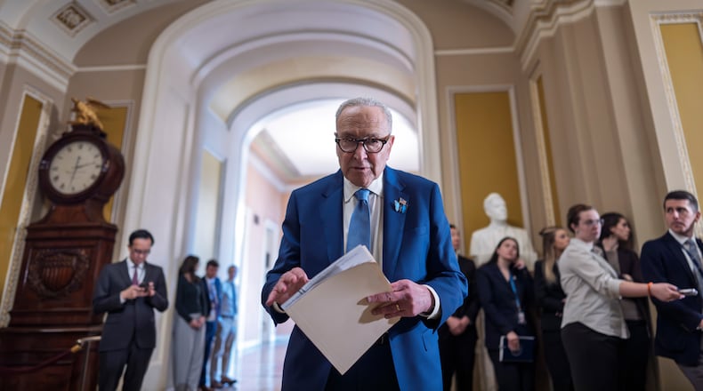 Senate Minority Leader Chuck Schumer, D-N.Y., pauses before speaking with reporters just days before funding for the Department of Homeland Security is set to expire, at the Capitol in Washington, Tuesday, Feb. 10, 2026. (AP Photo/J. Scott Applewhite)