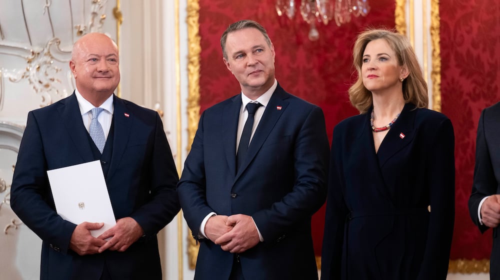 FILE - Chancellor Christian Stocker, left, Vice Chancellor Andreas Babler, centre, and Foreign minister Beate Meinl-Reisinger attend the swearing-in ceremony of the Federal Government in the presidential office at the Hofburg Palace, in Vienna, Austria, Monday, March 3, 2025. (AP Photo/Denes Erdos, File)