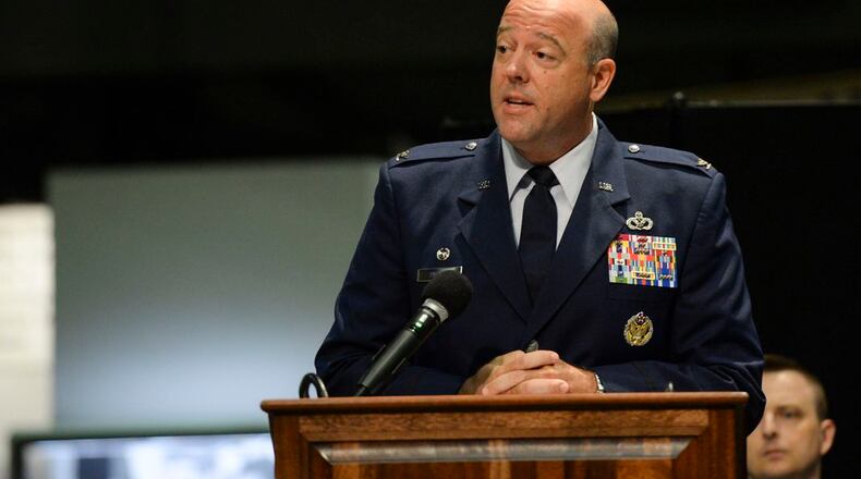 U.S. Air Force Col. Patrick Miller, 88th Air Base Wing commander, delivers remarks after accepting command during a change of command ceremony inside the National Museum of the United States Air Force at Wright-Patterson Air Force Base, Ohio, June 12, 2020. (U.S. Air Force photo by Wesley Farnsworth)
