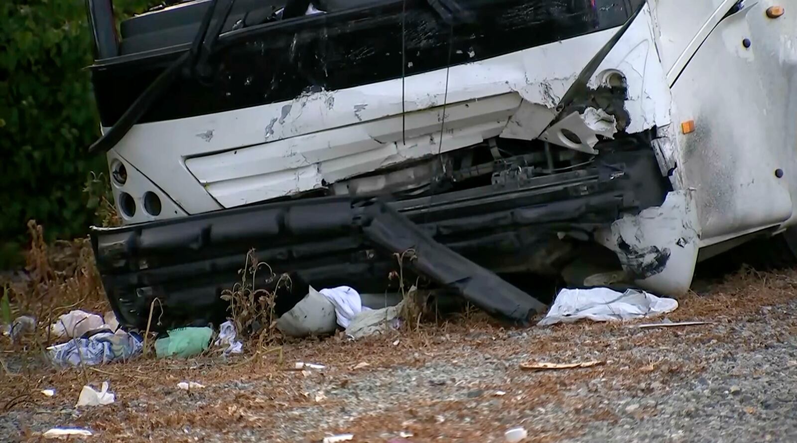 This image provided by KABC-TV shows a crashed tour bus after colliding with a sport utility vehicle, Sunday, May 11, 2025 in Los Angeles. (KABC-TV via AP)