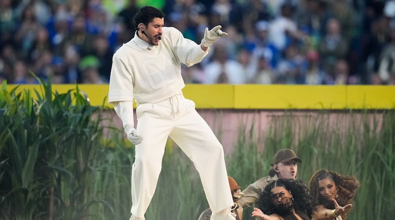 Bad Bunny performs during halftime of the NFL Super Bowl 60 football game between the New England Patriots and the Seattle Seahawks, Sunday, Feb. 8, 2026, in Santa Clara, Calif. (AP Photo/Julio Cortez)