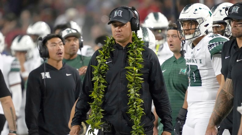 FILE - Hawaii head coach Timmy Chang in the first half during an NCAA football game against Arizona on Saturday, Aug. 30, 2025, in Tucson, Ariz. (AP Photo/Rick Scuteri, file)