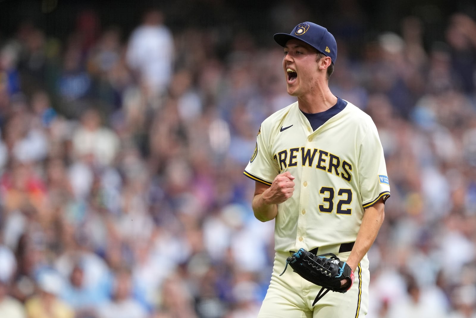 Milwaukee Brewers' Jacob Misiorowski reacts after striking out Los Angeles Dodgers' Freddie Freeman during the third inning of a baseball game Tuesday, July 8, 2025, in Milwaukee. (AP Photo/Aaron Gash)