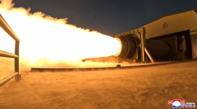 This undated photo provided on March 29, 2026 by the North Korean government, shows what it says a solid-fuel engine test at an undisclosed place in North Korea. Independent journalists were not given access to cover the event depicted in this image distributed by the North Korean government. The content of this image is as provided and cannot be independently verified. Korean language watermark on image as provided by source reads: "KCNA" which is the abbreviation for Korean Central News Agency. (Korean Central News Agency/Korea News Service via AP)